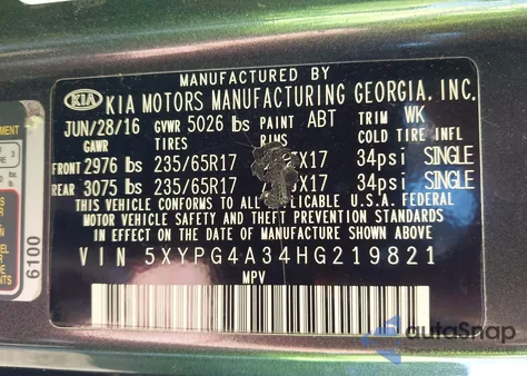 2017 Kia Sorento 2.4L Lx z USA, uszkodzony, nr VIN 5XYPG4A34HG219821